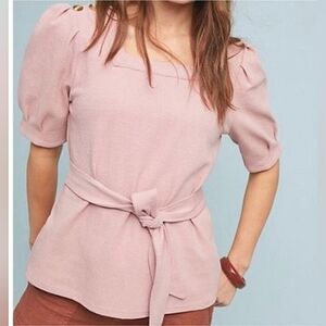 Current Air Barnette Top Tie Waist Puff Sleeve Square Neck Anthropologie Pink